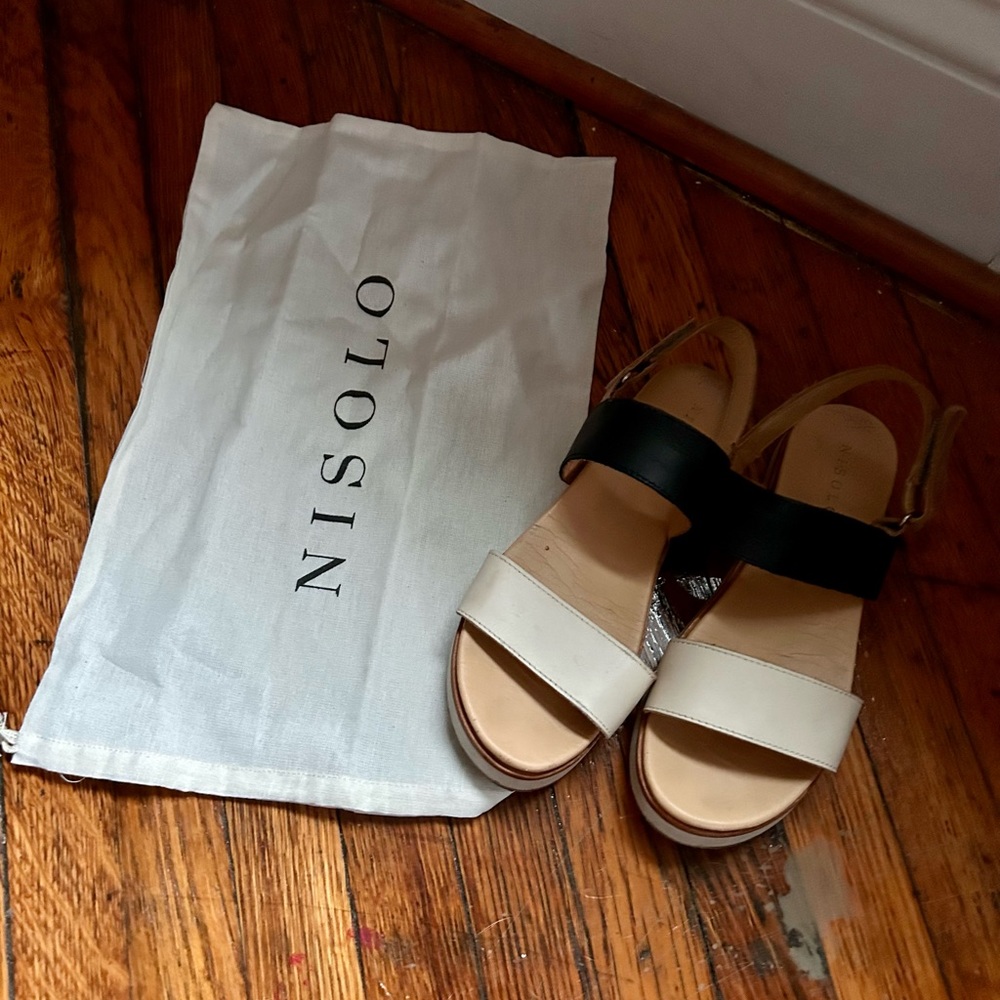 Nisolo Go-To Flatform Bone Black Colorblock Sandal 6.5